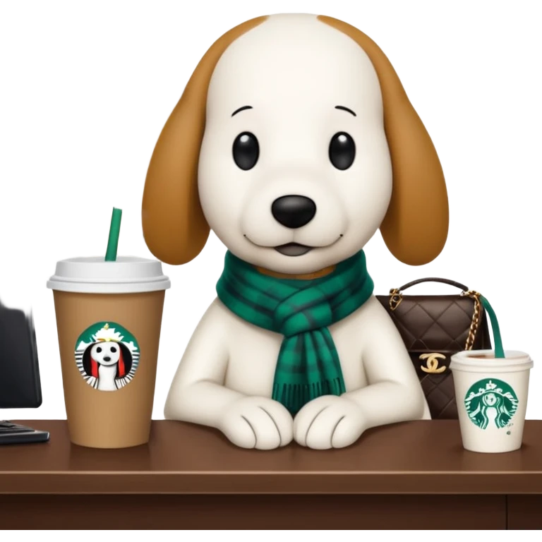 snoopy in a desk with starbucks and his chanel purse emoji