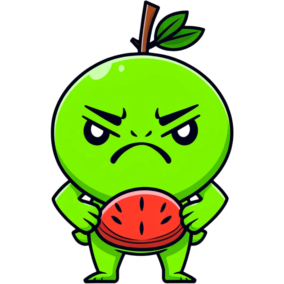 Furious guava character with angry eyes, scowling face, and arms crossed emoji