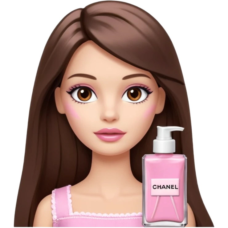 Barbie girl a brown long Straight hair and brown eyes is In pale pink smears by hand cosmetic cream Chanel on her face emoji