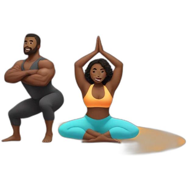 Black muscle man and voluptuous woman doing yoga emoji