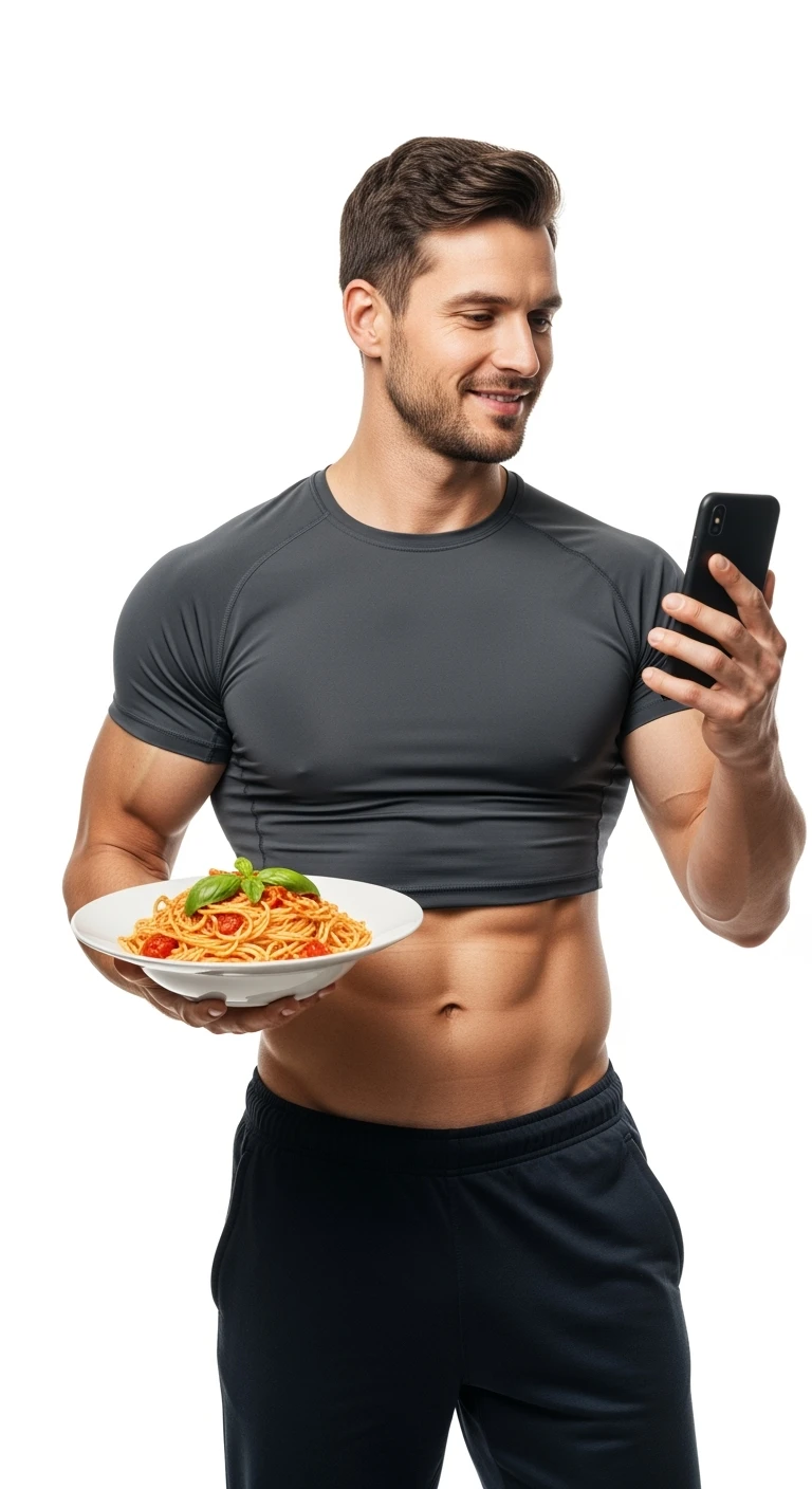 uomo fitness con piatto di pasta in mano e smartphone, sfondo bianco emoji