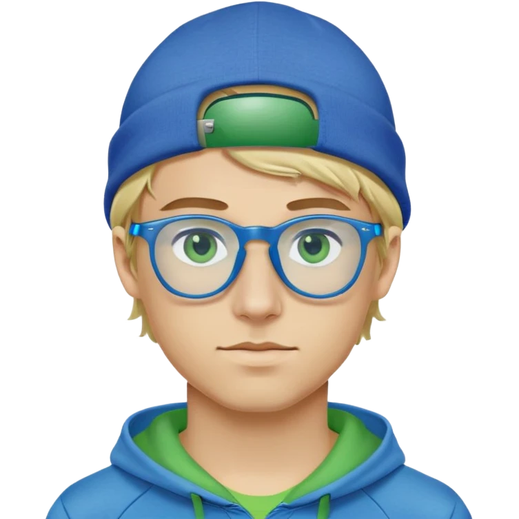 Blond hair guy with a blue hat, blue hoodie, Oakley glasses with green on the sides , blue eyes emoji
