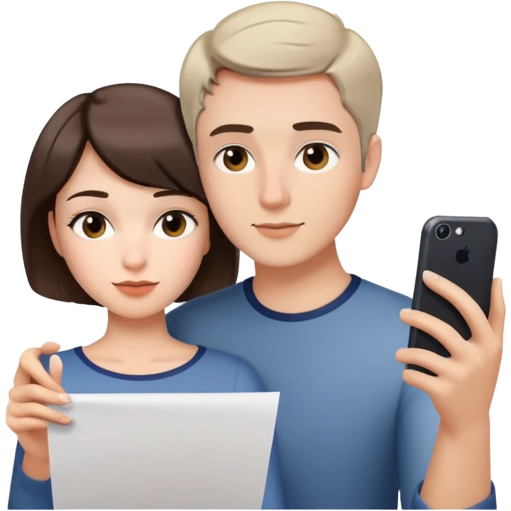 woman taking a selfie, short hair and male writing on the paper emoji