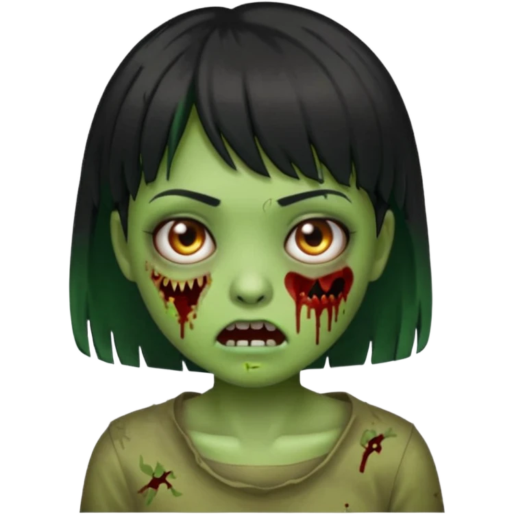 emoji, garota zumbi, estilo iphone, verde, com cabelo curto, preto, com franja, machucados pelo rosto, zumbi, com olhos brancos emoji