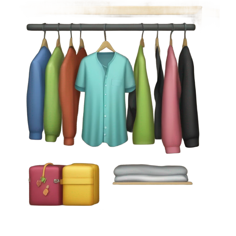 Design an emoji-style icon of an open wardrobe with clothes hanging inside. Include details like a wooden frame, hangers, and only black or white different clothing items such as shirts or any other clothing . Use a clean and minimalistic design. emoji