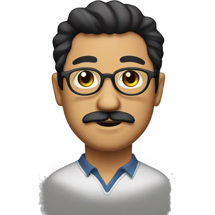 Man with dark hair, mustache and chin beard, roun glasses, round face, brown eyes, emoji