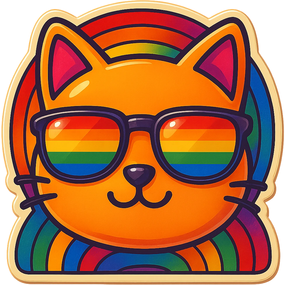 Add a vibrant, colorful background behind the cat with rainbow sunglasses, keep the retro stickers style the same. emoji
