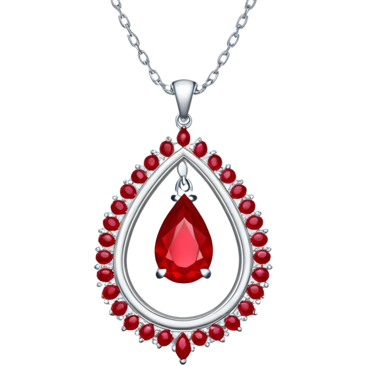 enchanted ruby talisman, teardrop shape, glowing with life force, encircled by white stones on a floating silver chain emoji