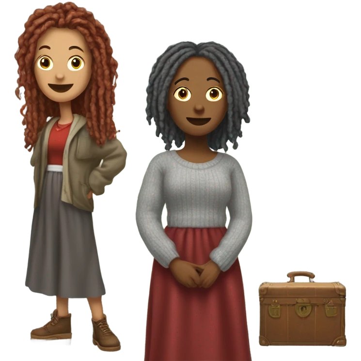 One woman with gray locs wearing pants , other woman is brown with red locs in a knee-length dress with a cozy sweater, looking at antique items, shopping in yardsale emoji