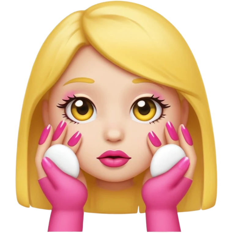 Cute shy emoji with long lashes, big pouty lips, pink nails, black background, same style as original emoji, not human emoji