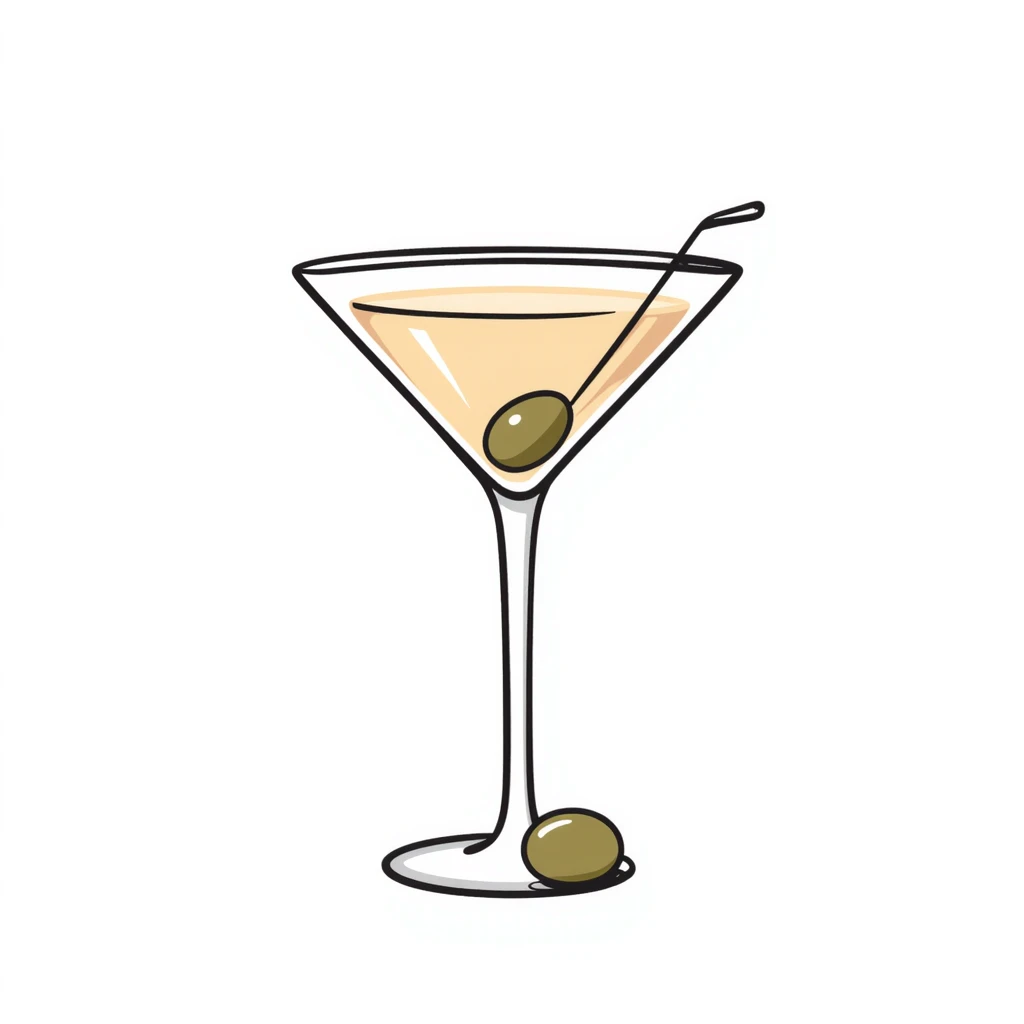 A classic martini glass with olive garnish in pastel colors (dd9fb0, ffc6d3, a3bfc9, c4bee2, f1b091), hand-drawn doodle style emoji