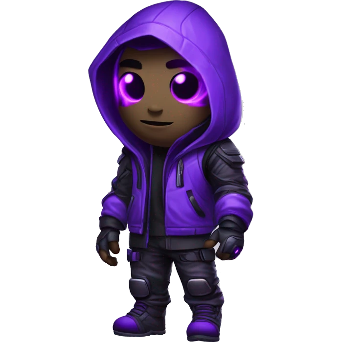 developer behind his laptop with this style : crysis Cyberpunk Valorant neon glowing bright purple character purple violet black hooded assassin themed character emoji