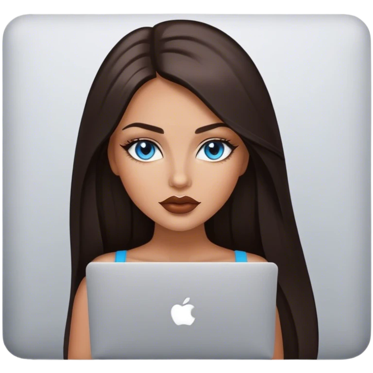 Glamours tanned very beautiful girl with pump lips and dark chocolate straight smooth long hair, blue-grey eyes with MacBook emoji