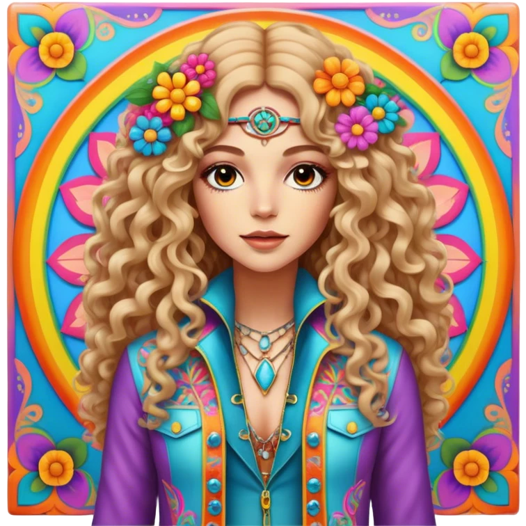 Create a 3D ultra detailed psychedelic colored square hippie style flower border with a gorgeous hippie in the center with long curly hair, bell bottoms, and a fringed jacket emoji