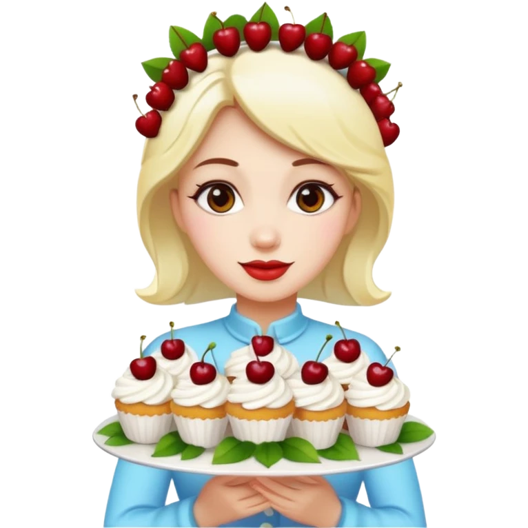 Beautiful woman with bouquet of flowers and lush white cakes with icing and cherries emoji style emoji