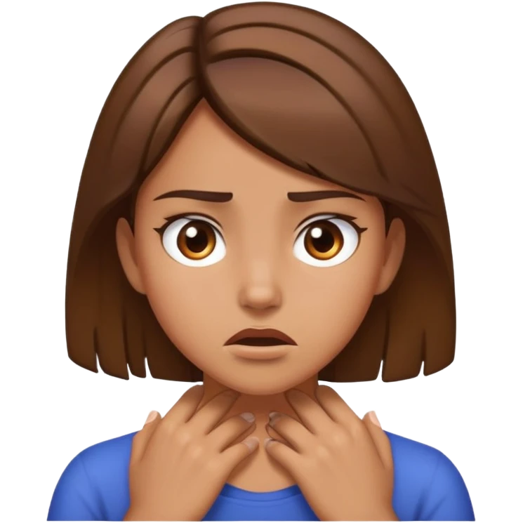 girl with brown hair and with hands on her neck mad emoji