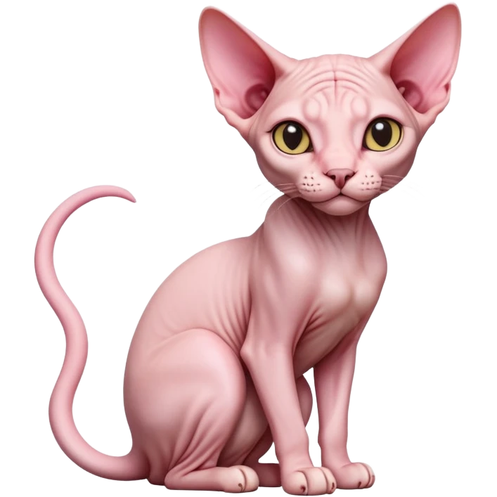 cinematic-[sphynx cat]-realistic-full-body-sitting-emoji,-tail-curled-playfully-around-its-paws,-head-tilted-dramatically,-sleek-[pink]-skin,-simplified-yet-realistic-focused-features,-highly-detailed,-glowing-with-an-almost-sarcastic-glow emoji