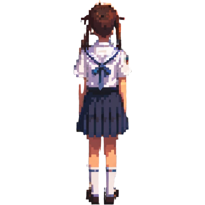 Japanese schoolgirl in uniform standing in a classroom with sunset light, hands at sides, one empty desk, looking out window, emotional atmosphere emoji