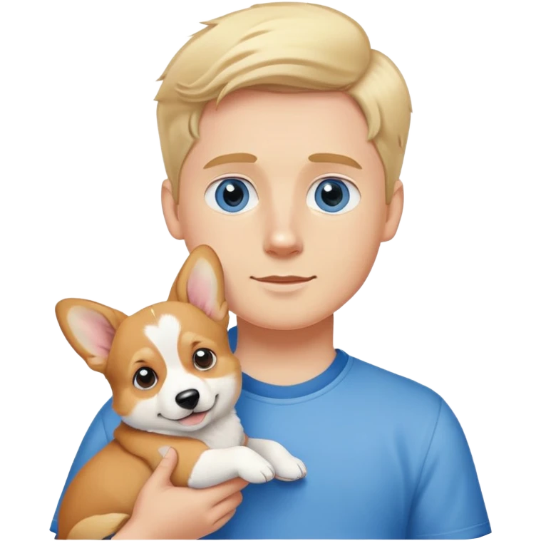 White boy with blonde hair and blue eyes holding corgi puppy emoji