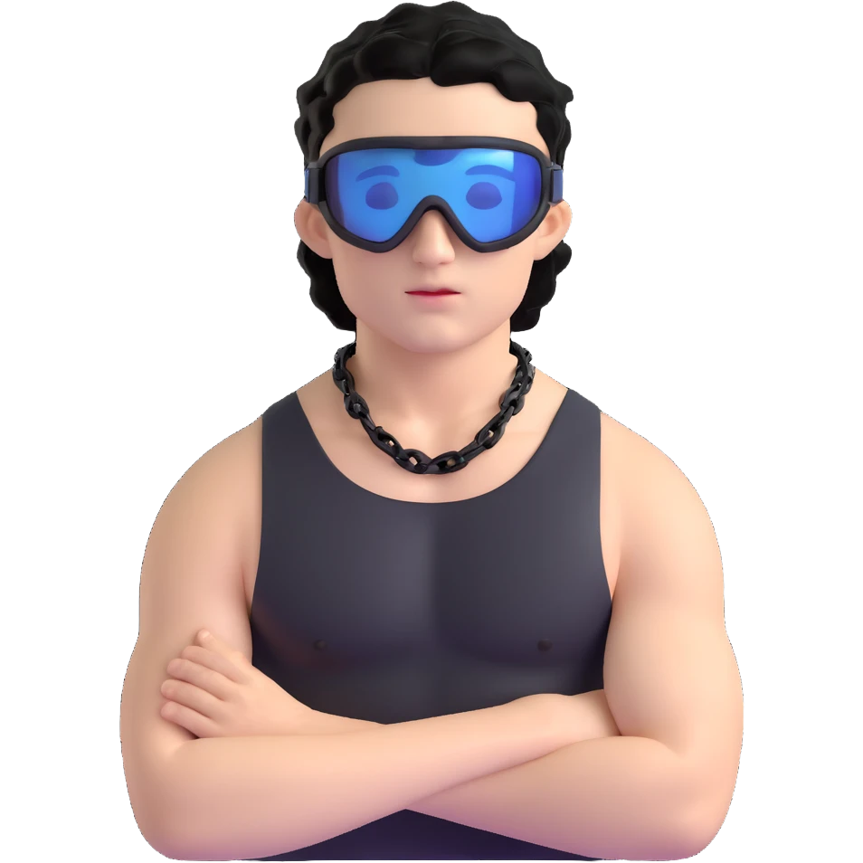 shirtless male athlete with white skin and moderately curly black hair on top with shaved sides, wearing black ski goggles with very dark heavily tinted black lenses that completely hide the eyes, and a simple plain black chain necklace, no earrings emoji