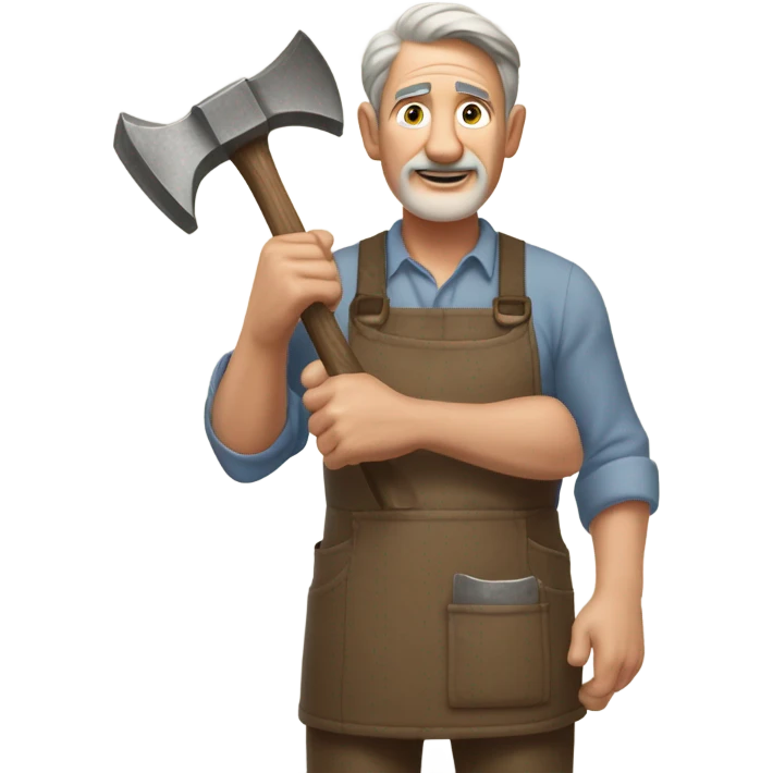 "A older man with rough hands, short light brown hair, and a friendly, naive expression. He wears a work apron over simple clothes and holds a hammer or wood in a rustic workshop." emoji