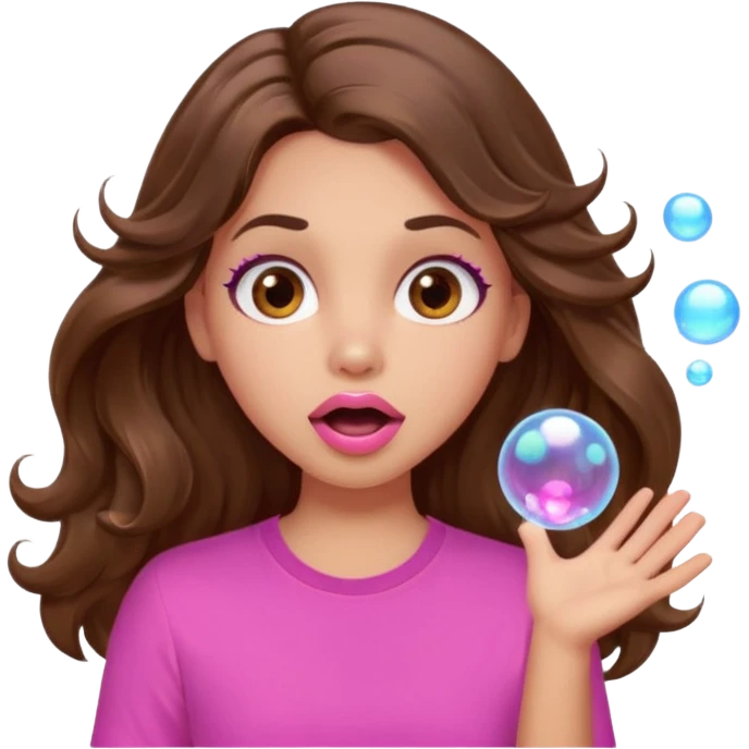 girl with long wavy brown hair, brown eyes, light to medium complexion, in a pink shirt, pink lips, long lashes, surprised, wow bubble emoji