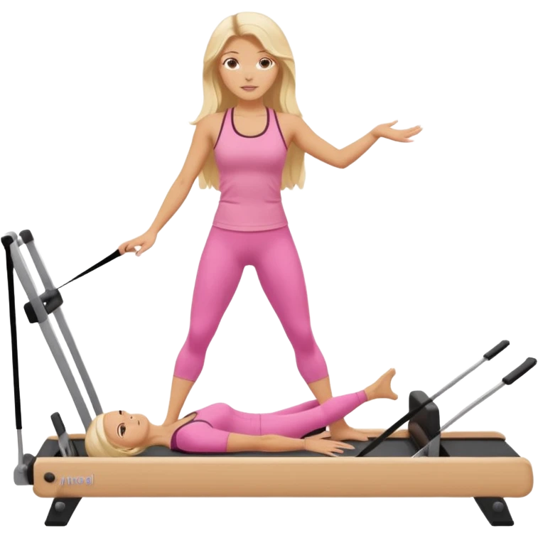 long haired blonde pilates instructor teaching reformer in pink set beige reformer emoji