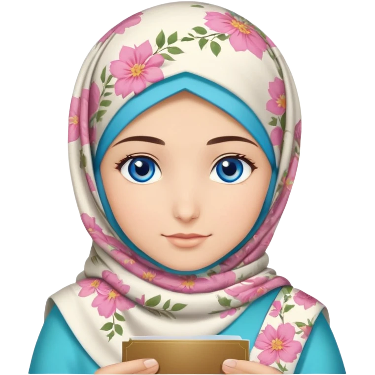 Turkish beautiful finish Konya girl blue eyes with lilies floral hijab islamic dress and had on her hand text Eid Mubarak  emoji