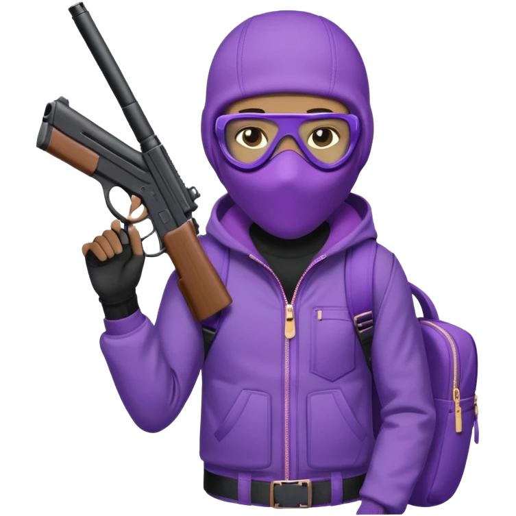 YN wearing a ski mask, holding a gun, purple jeans, Sprayground bookbag, confident stance emoji