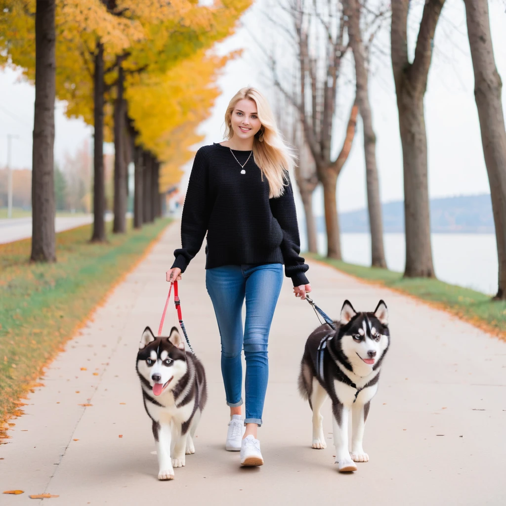 Cute Blonde woman wearing a black sweater and jeans and white sneakers walking a happy red-brown blue-eyed Siberian husky in New York City on an upper east side city sidewalk  emoji