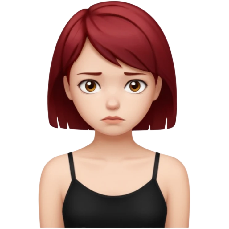 generate a pretty fair bratz girl with short dark red hair looking sad . Wearing a black cami emoji