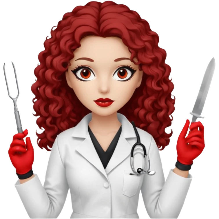 


Scary woman scalpel in hand, evil surgeon sexy surgeon clothes.  She has redcolored  eyes. Her  hair only is free ne brown long curly hair. Wears sexy doctor outfit with red gloves. make her wear full ski mask yo mask and nose mouth mask  to hide. Wears white surgeon coat, wears  stilettos emoji