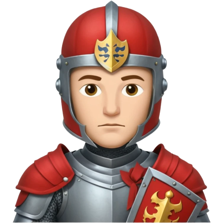 An emoji portrait of a medieval knight. He wears a suit of armor with a stylized helmet. His expression is serious and determined, and he holds a shield with a family crest. emoji