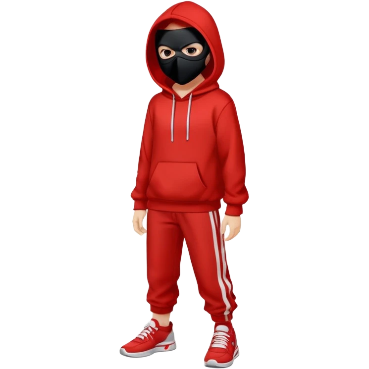 an anime chreacter wears black mask whitout ribons, wears and red hoodie with white textures, red strip pants, and sneakers emoji