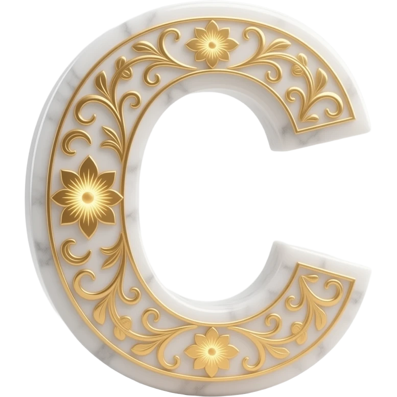 A 3D letter 'C' crafted from polished white marble with intricate gold leaf arabesque floral patterns etched into its surface. The patterns glow with a soft internal light. Professional studio lighting, elegant and sophisticated, centered on a white background emoji