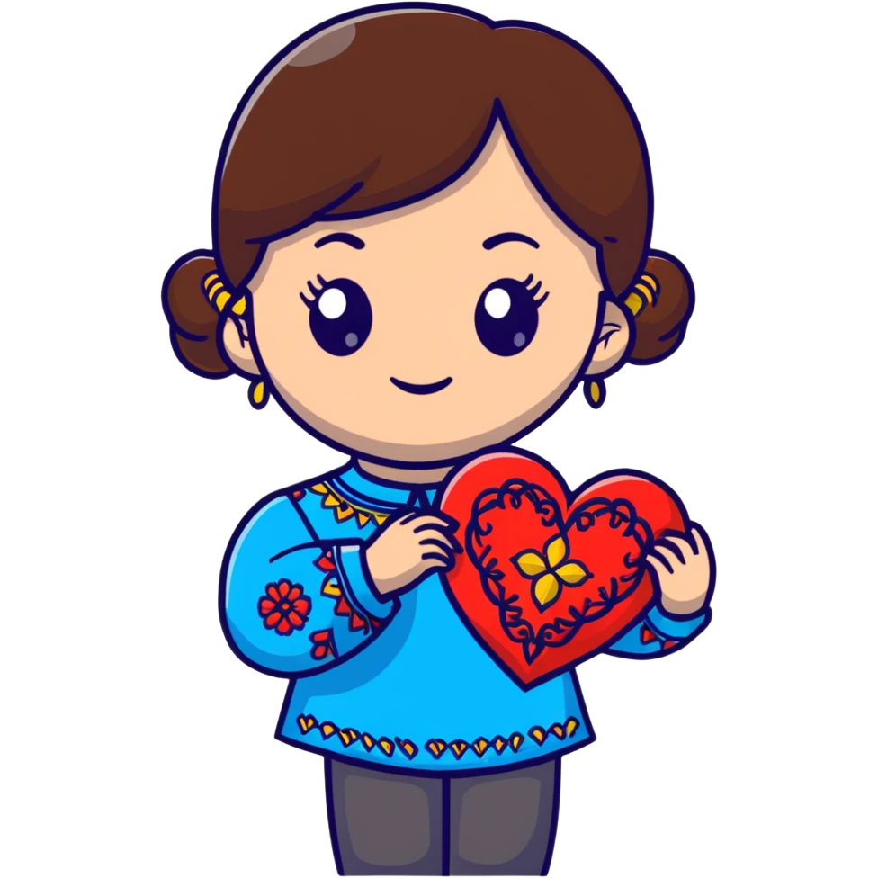 A beautiful young girl with brown hair in a Ukrainian embroidered shirt is holding a large embroidered heart emoji