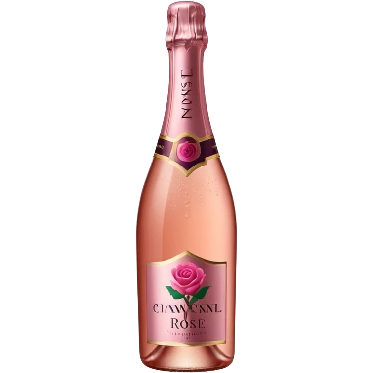 bottle of sparkling rosé champagne with a rose logo on the label, tilted up and to the right, no glass emoji
