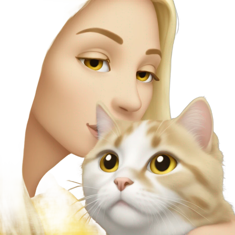 Pretty long blonde haired woman with gray eyes kissing yellow and white cat emoji