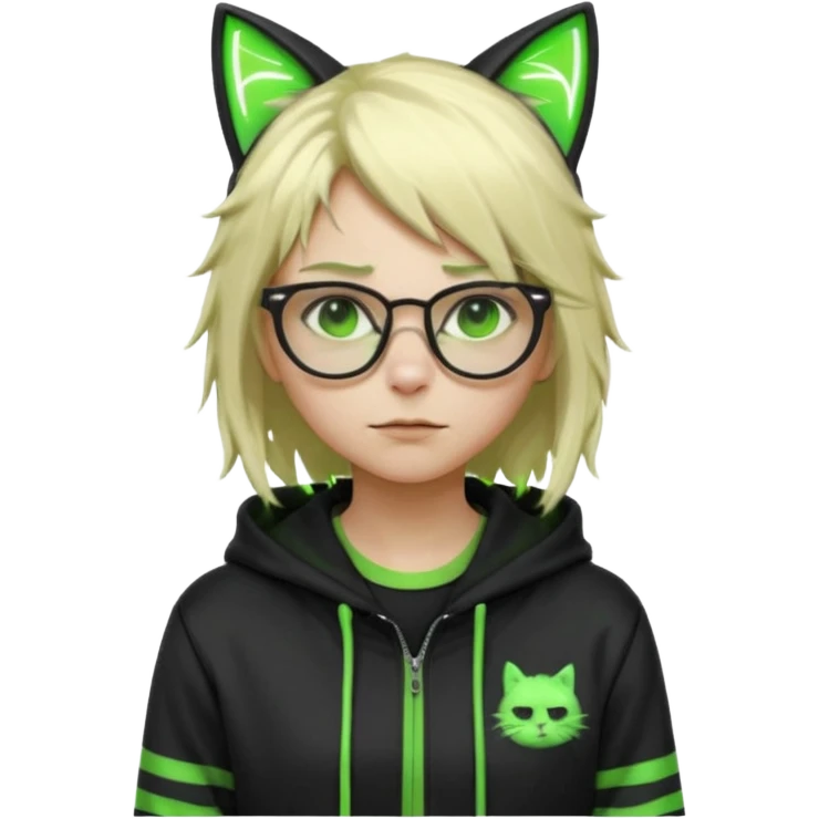 Light blond, slightly messy hair
Black glasses
A black hoodie with cat ears
Neon green details on the jacket and pants (glowing lines and stripes)
An overall hacker / cyberpunk style look
A neutral facial expression emoji