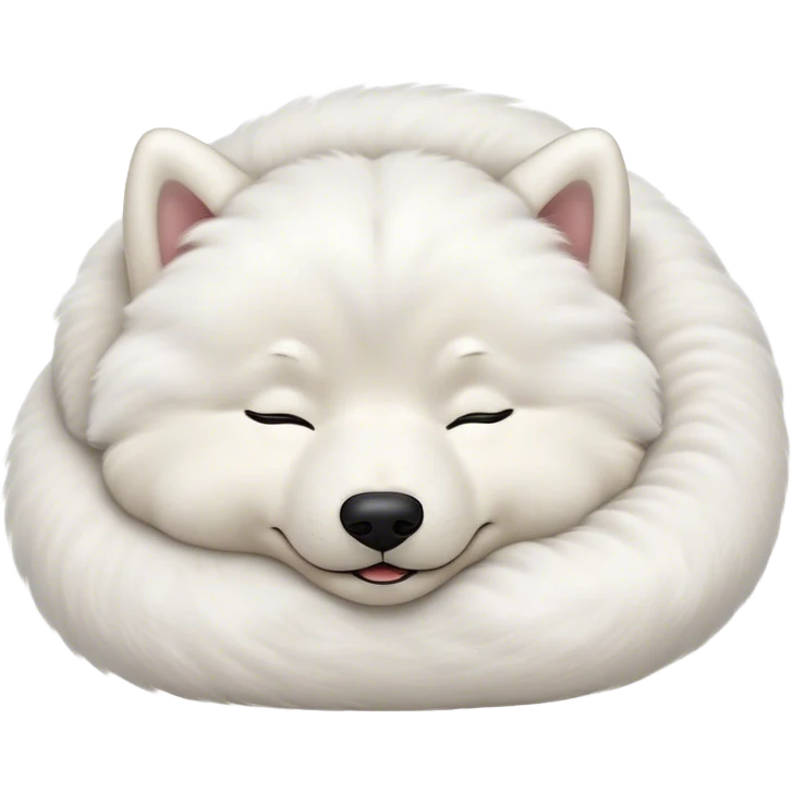 Meme-Worthy Cute Sleeping Samoyed Portrait Emoji, Head resting peacefully with a contented smile, showcasing a delightfully fluffy build and a luxuriously soft pure white Fur, eyes shut in a serene nap, Simplified yet hilariously adorable features, highly detailed, glowing with a soft, drowsy light, high shine, relaxed and utterly lovable, stylized with an air of playful laziness, bright and heartwarming, soft glowing outline, capturing the essence of a comically sleepy companion, so meme-worthy it feels like it could instantly become the next viral sensation of adorable slumber! emoji
