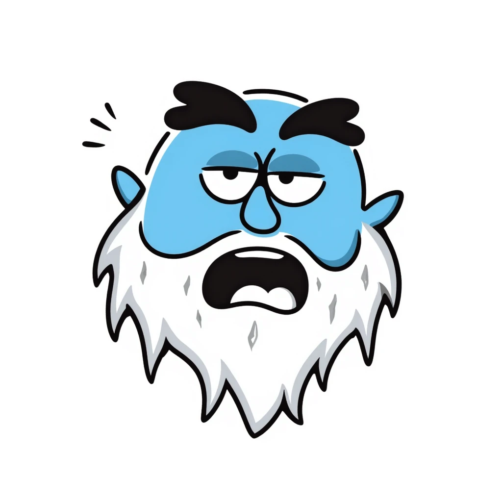 Hand-drawn blue face with exaggerated shivering, icicles, and visible cold breath emoji