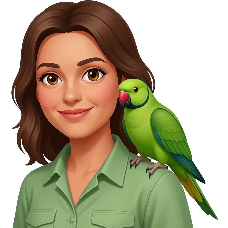 green indian ring neck parrot on a brown haired womans shoulder emoji