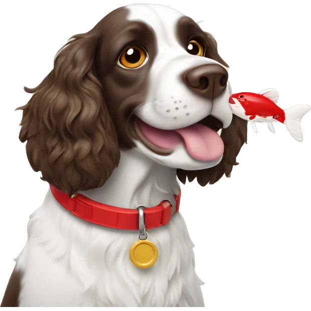Springer spaniel with red collar an a whale fish toy emoji