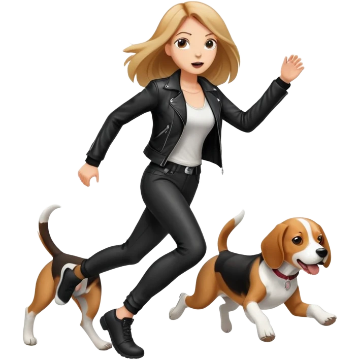 A beautiful tall girl with fair skin and long hair wearing a black leather jacket and black pants running wildly with Beagle emoji