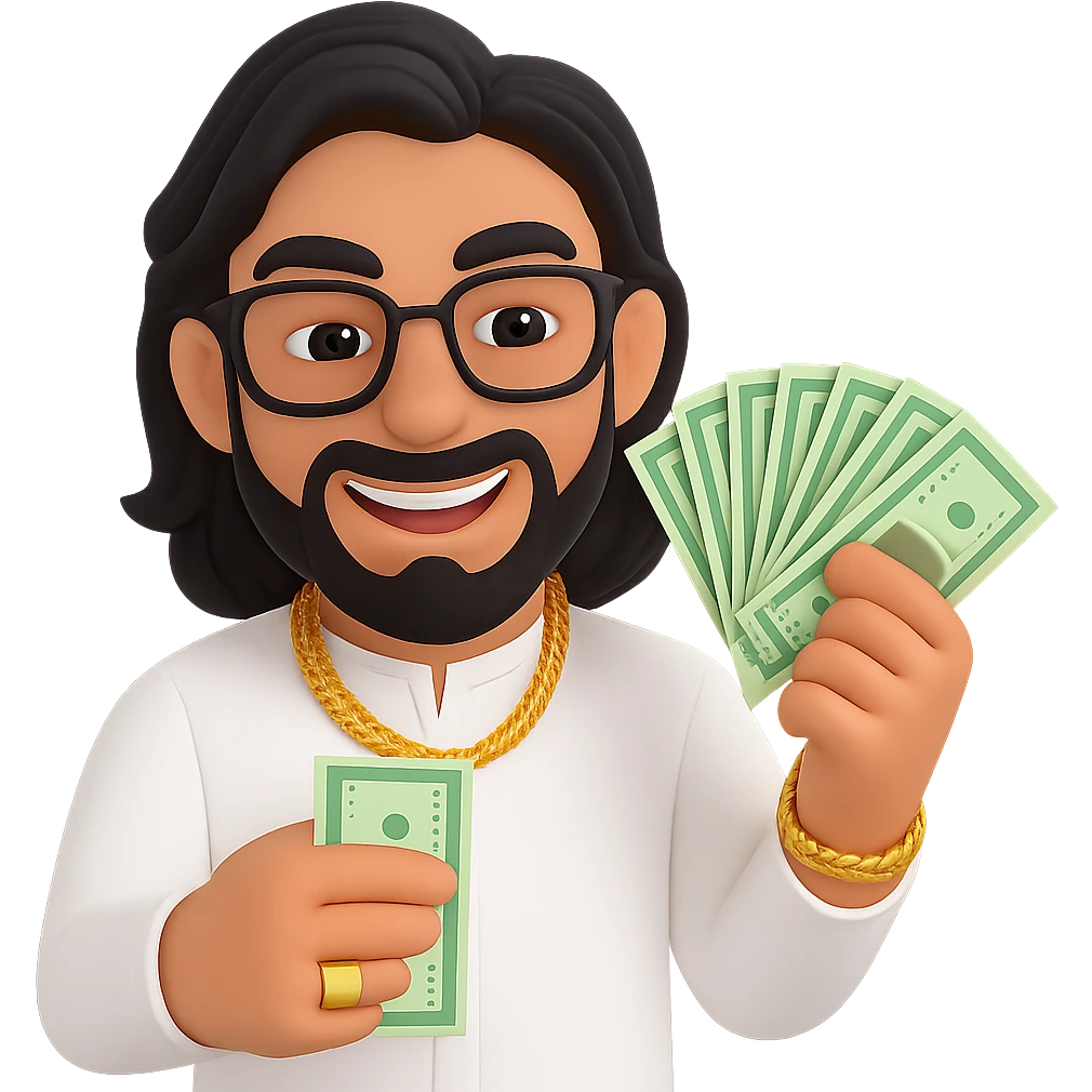 Edit the blond man with mid-length hair, black glasses, gold jewelry in Dubai luxury style. Show a greedy smile with no background. emoji