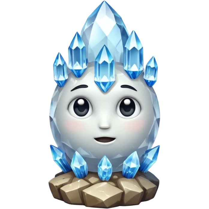 A single cute crystal rock character inspired by a clear quartz cluster, chunky round base with many tall transparent crystal spikes growing upward all around it with a face emoji