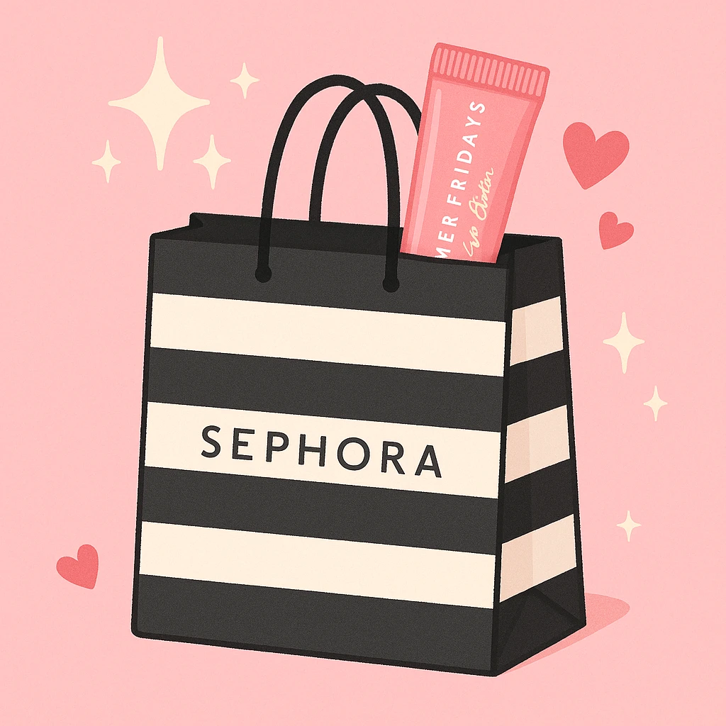 A Sephora shopping bag with a pink preppy lip balm and Summer Fridays branding peeking out, surrounded by sparkles and hearts, stylish and summery emoji
