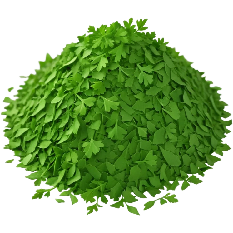 loose scatter of finely crumbled green herb flakes with jagged, flat shapes and a dry, matte texture, color ranges from bright to muted green, evoking dried curly or flat-leaf parsley, soft lighting, subtle shadows, emoji scale emoji