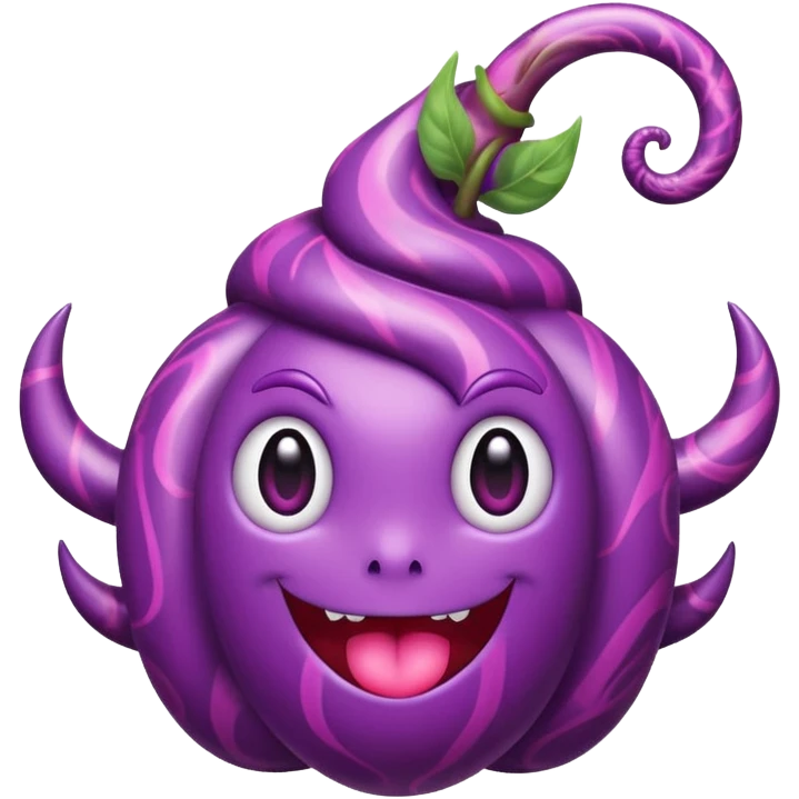 A cute anime-style purple devil fruit with pink spiral patterns, a curly swirl stem on top, glossy texture, simple shading, emoji style, centered on a plain background. emoji