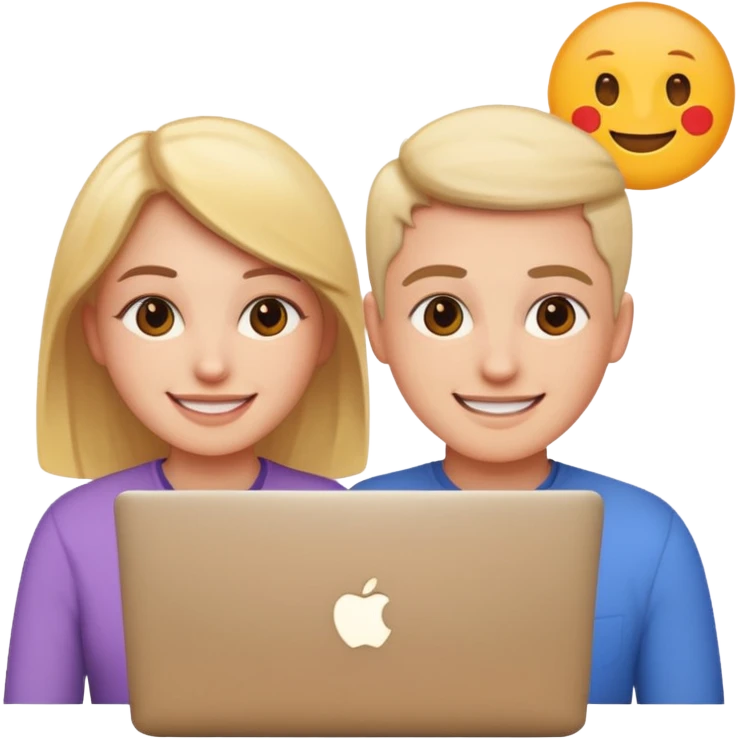 two friends with a MacBook in front, bright and friendly faces, emoji style, inspired by reference emoji